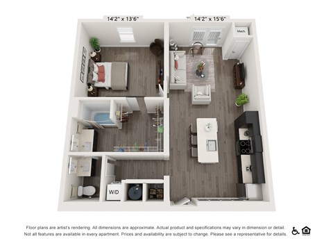 Floor plan for 1 bed, 1 bath, 853 sqft